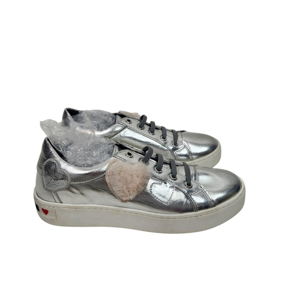 LOVE MOSCHINO Shoes Womens 10 40 Silver Leather Heart Sneaker Casual Logo